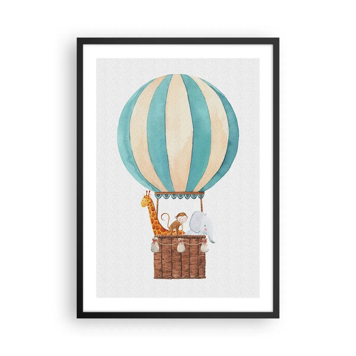 Plakát v černém rámu - Akvarelová ilustrace horkovzdušného balónu s roztomilými zvířátky - 50x70cm - Fantastický výlet - Moderní nástěnná dekorace do obývacího pokoje a ložnice ARTTOR