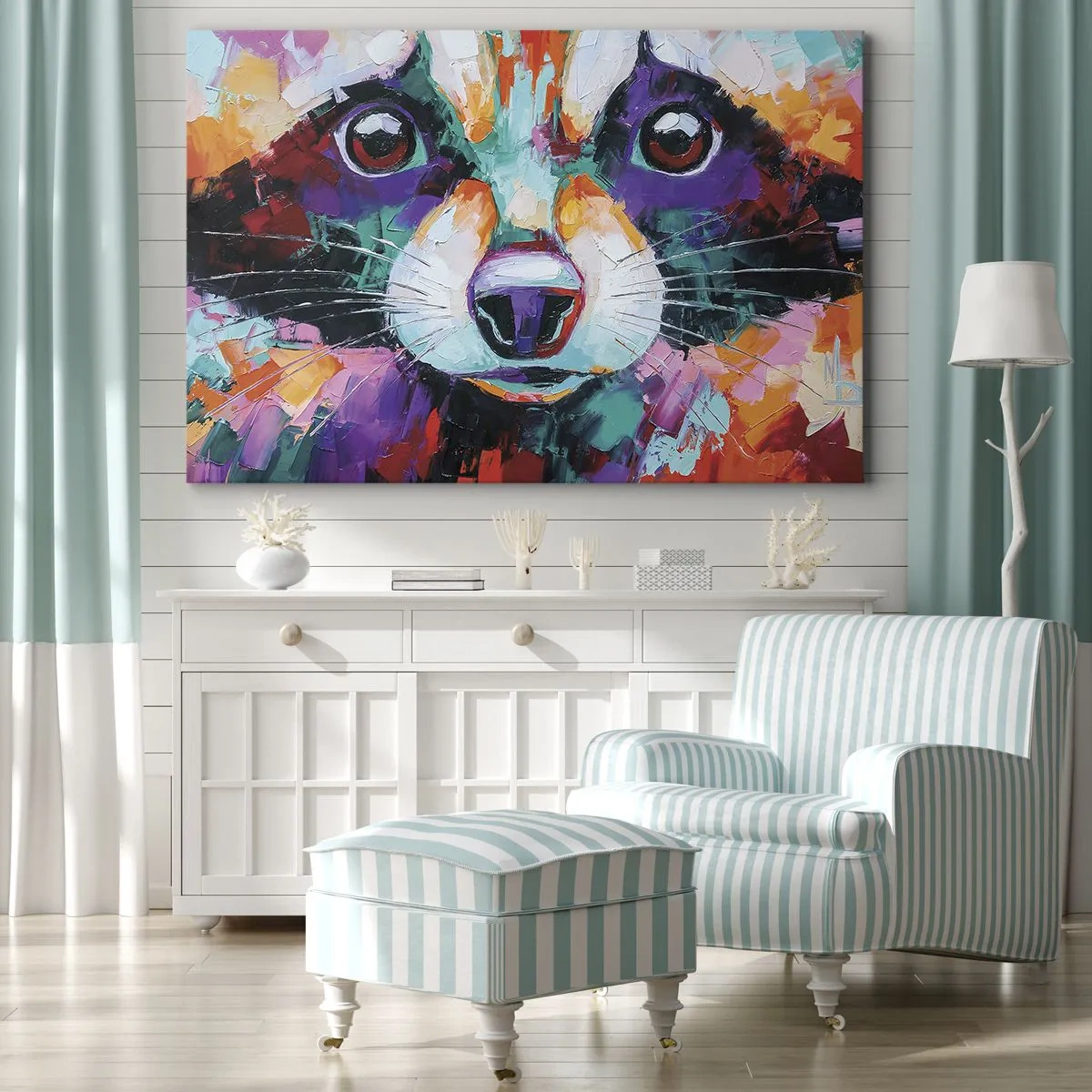 Obraz na plátně - Barevný portrét mývala ve stylu expresivní malby. - 70x50cm - Pouze dobré emoce - Moderní nástěnná dekorace do obývacího pokoje a ložnice ARTTOR