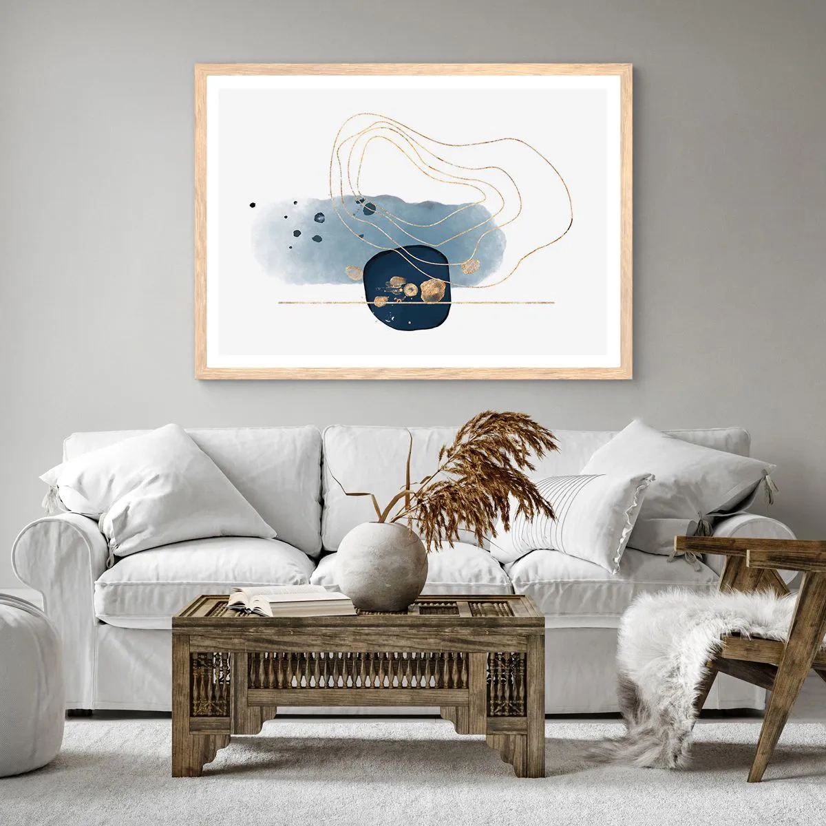 Plakát v rámu světlý dub - Modro-zlatá fantazie - 91x61 cm