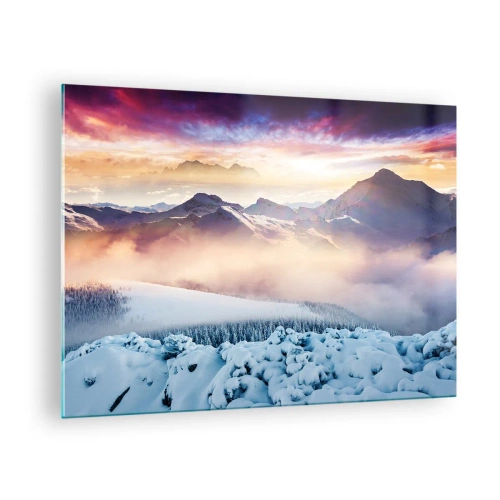 Obraz na skle - Zimní horská krajina se zapadajícím sluncem a mlhou - 70x50cm - Síla a čistota přírody - Moderní nástěnná dekorace do obývacího pokoje a ložnice ARTTOR