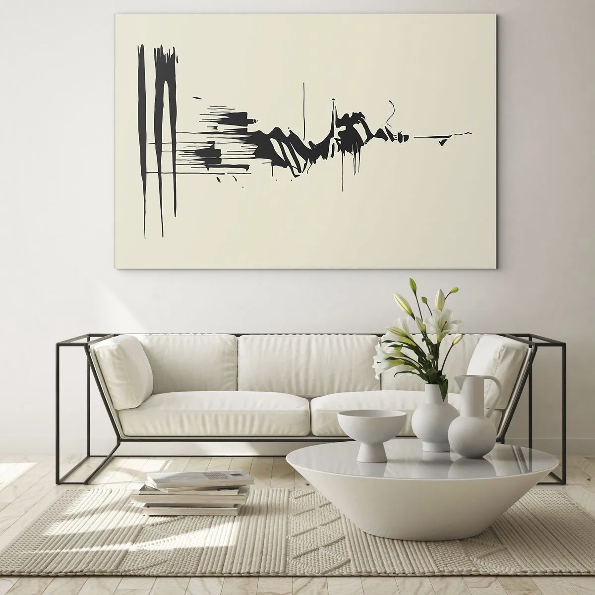 Obraz na skle - Černé dynamické čáry a skvrny na světlém pozadí v abstraktním stylu. - 70x50cm - Spěšná abstrakce - Moderní nástěnná dekorace do obývacího pokoje a ložnice ARTTOR
