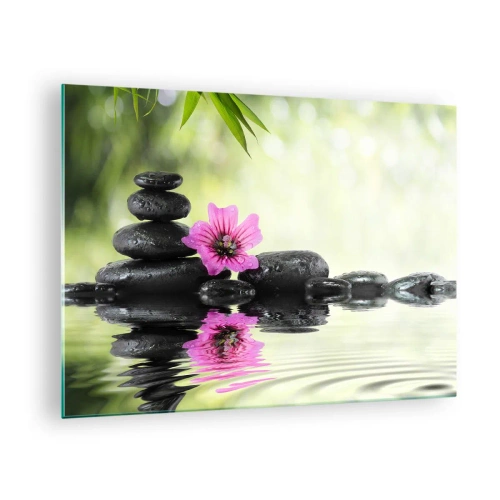 Obraz na skle - Černé kameny a růžový květ na pozadí přírody - 70x50cm - Čas pro duši - Moderní nástěnná dekorace do obývacího pokoje a ložnice ARTTOR