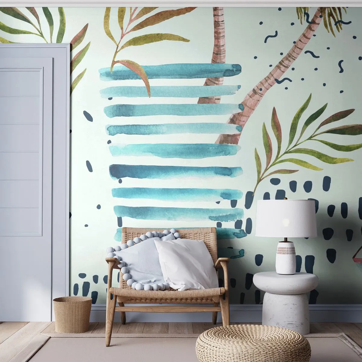 Fototapeta Premium Canvas - Prázdniny pod palmami - Akvarely, Kokosová palma, Plachetnice - 250x175 cm