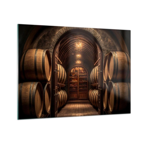 Obraz na skle - Vinice se sudy a osvětleným sklepem plným lahví - 70x50cm - Nádherný sklep - Moderní nástěnná dekorace do obývacího pokoje a ložnice ARTTOR