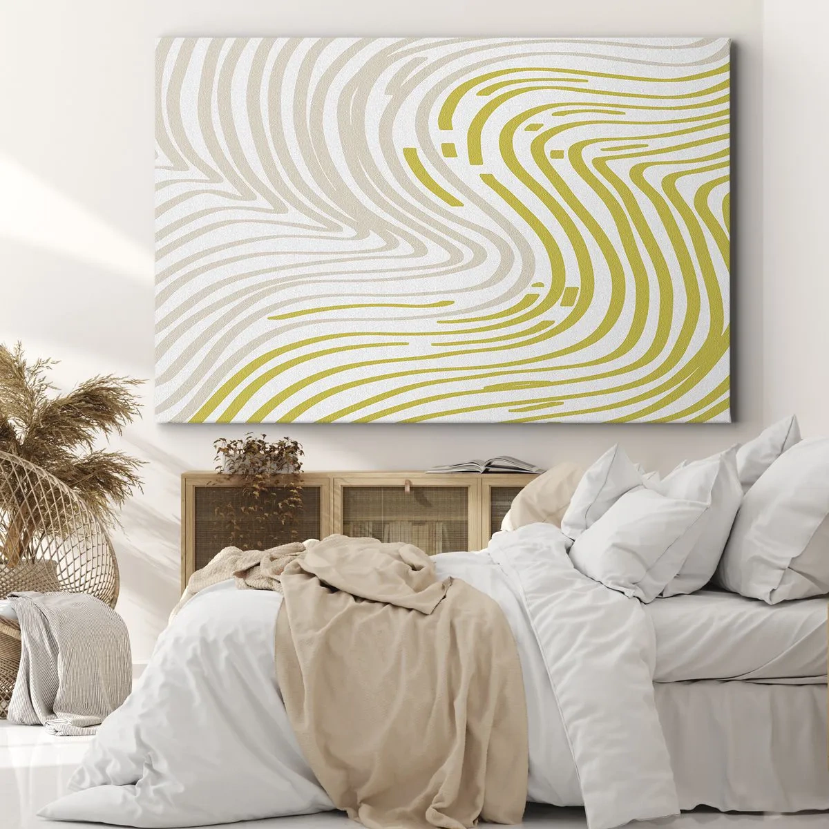 Obraz na plátně - Abstraktní vzor s vlnovkami v odstínech žluté a béžové. - 70x50cm - Kompozice s mírným ohybem - Moderní nástěnná dekorace do obývacího pokoje a ložnice ARTTOR