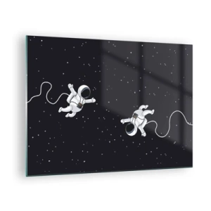 Obraz na skle - Dva astronauti vznášející se ve vesmíru - 70x50cm - Kosmický tanec - Moderní nástěnná dekorace do obývacího pokoje a ložnice ARTTOR