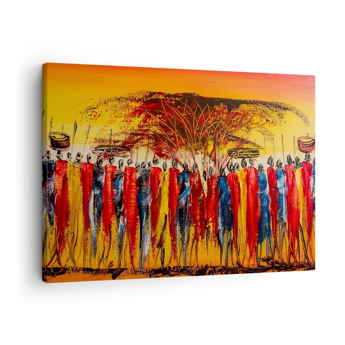 Obraz na plátně - Barevná scéna s africkými postavami na pozadí zapadajícího slunce. - 70x50cm - Tam, tam, tam, tam jdou - Moderní nástěnná dekorace do obývacího pokoje a ložnice ARTTOR