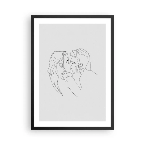 Plakát v černém rámu - Minimalistická karikatura líbajícího se páru. - 50x70cm - Jedním tahem - Moderní nástěnná dekorace do obývacího pokoje a ložnice ARTTOR
