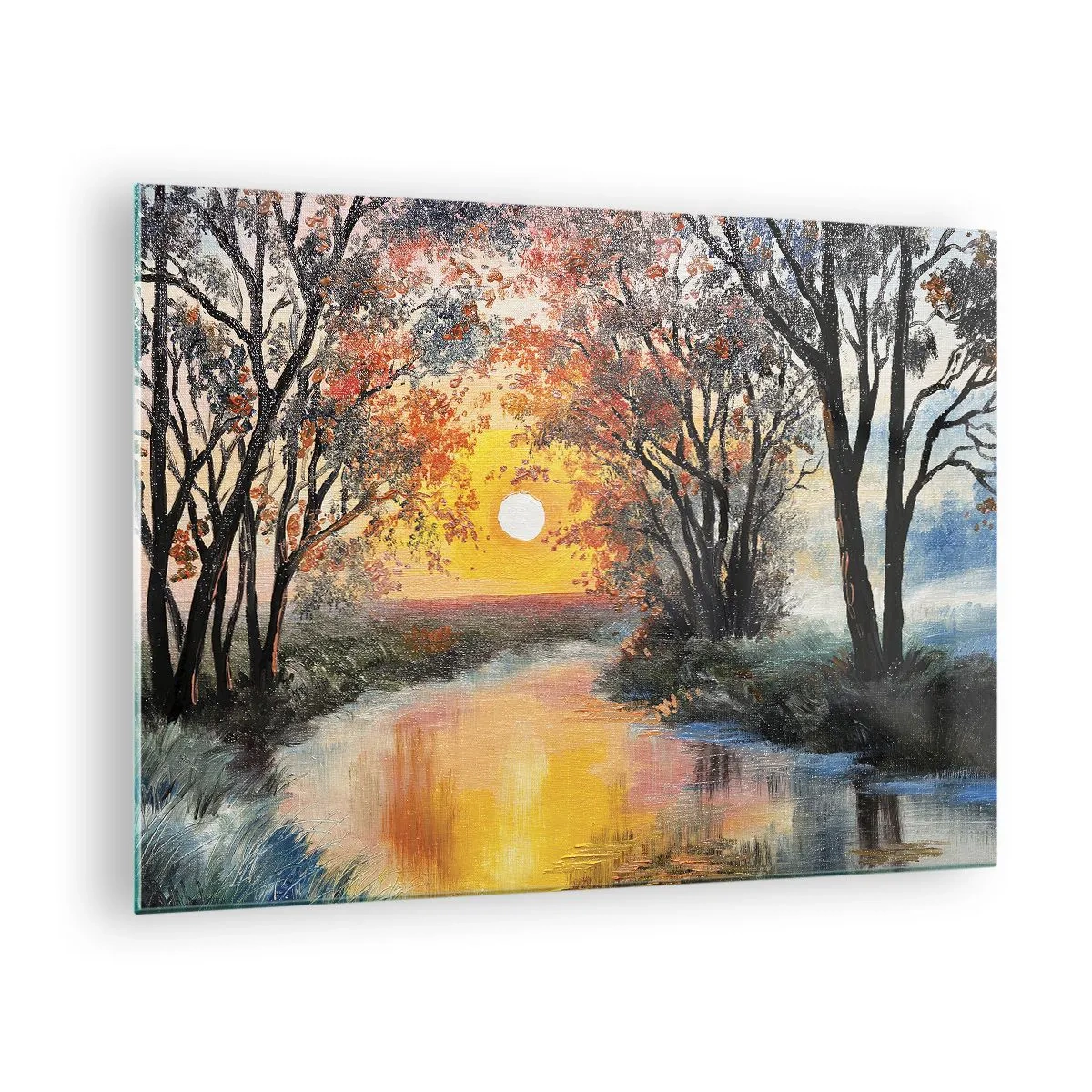 Obraz na skle - Západ slunce nad řekou mezi stromy - 70x50cm - Podzimní nádech - Moderní nástěnná dekorace do obývacího pokoje a ložnice ARTTOR