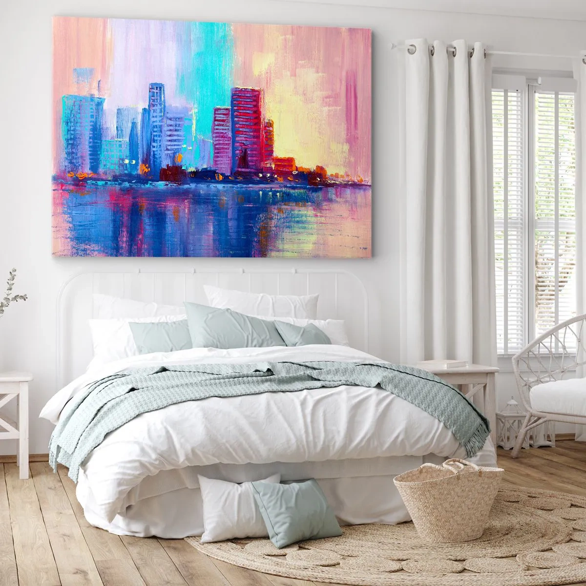 Obraz na plátně - Barevné panorama města ve stylu akvarelu - 70x50cm - Vykoupané v barvách - Moderní nástěnná dekorace do obývacího pokoje a ložnice ARTTOR