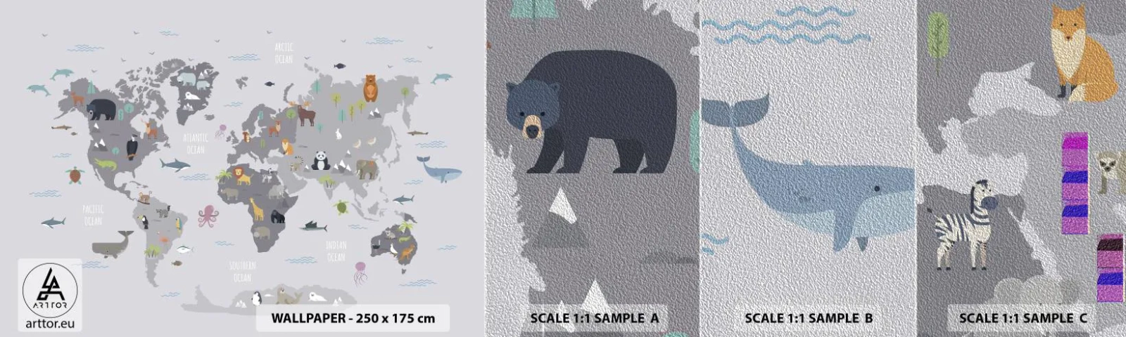 Vzor Fototapety Premium Sand - Řekni mi, odkud jsi… - Mapa světa, Zvířata, Kontinenty - 100x30 cm