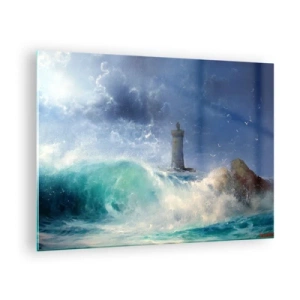 Obraz na skle - Maják mezi rozbouřenými vlnami oceánu - 70x50cm - Na stráži proti živlům - Moderní nástěnná dekorace do obývacího pokoje a ložnice ARTTOR