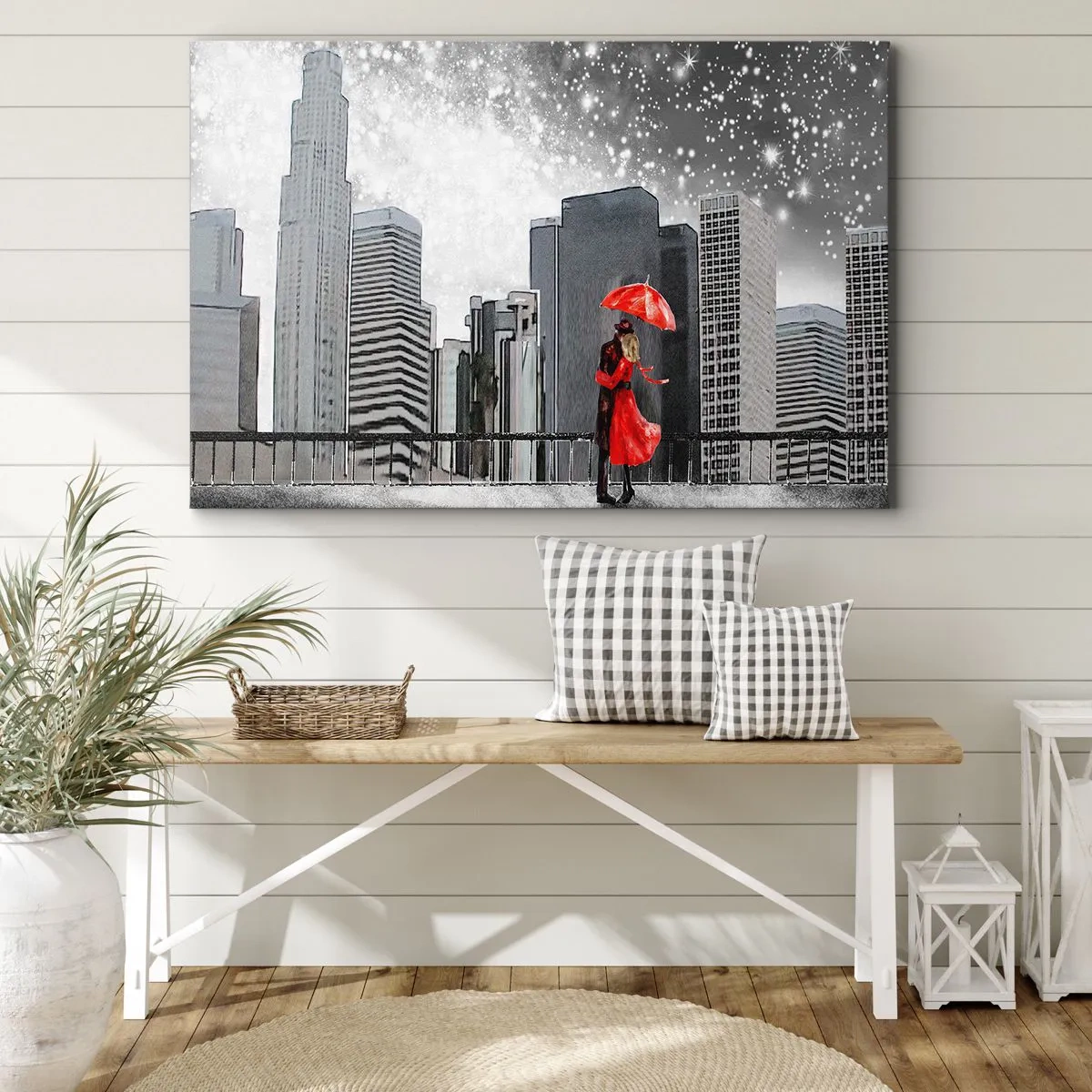 Obraz na plátně - Pár v červeném s deštníkem na pozadí městské krajiny - 70x50cm - Člověk není kámen - Moderní nástěnná dekorace do obývacího pokoje a ložnice ARTTOR