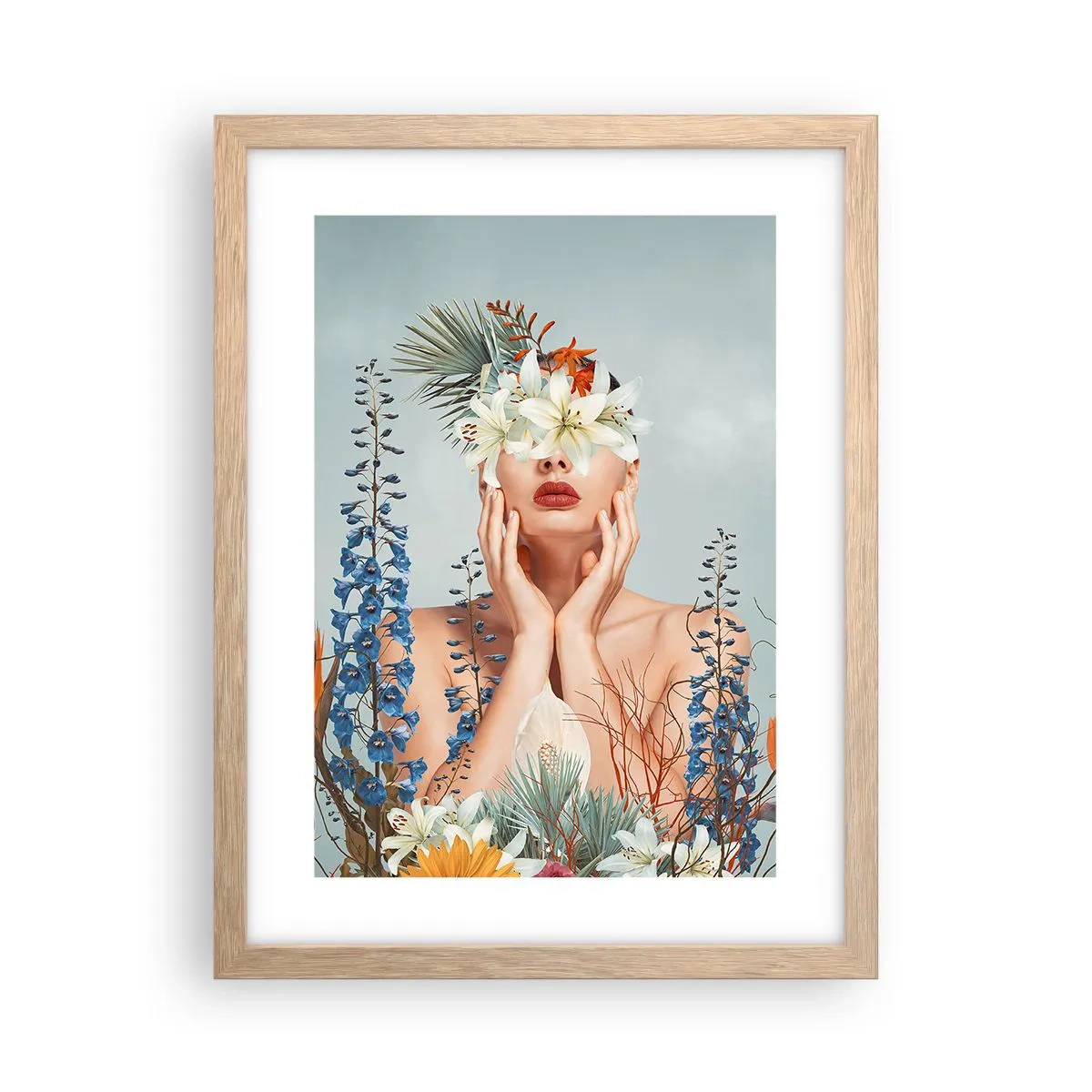 Plakát v rámu světlý dub - Žena – květina - 30x40 cm