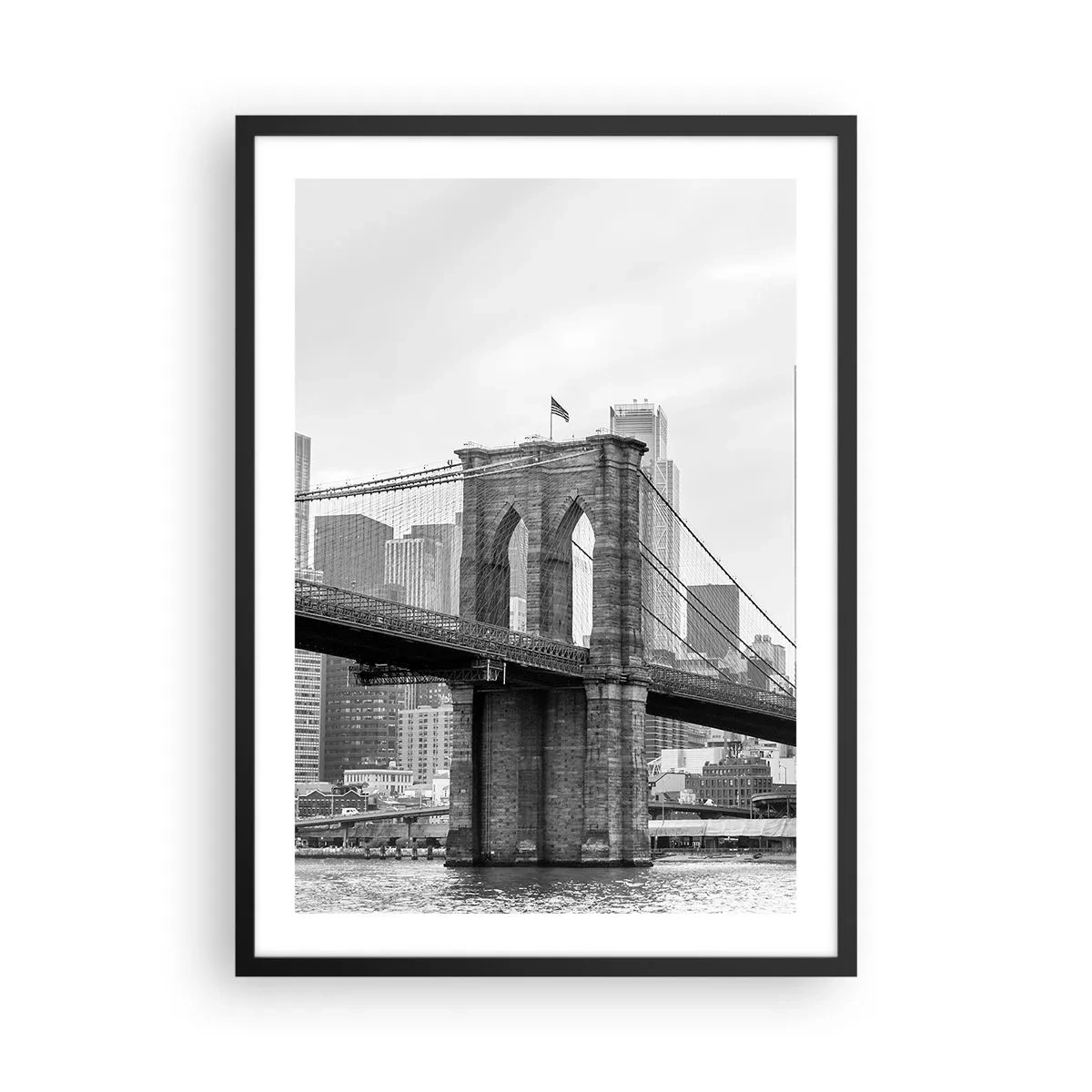 Plakát v černém rámu - Brooklynský most v monochromatickém stylu - 50x70cm - Newyorské zázraky - Moderní nástěnná dekorace do obývacího pokoje a ložnice ARTTOR