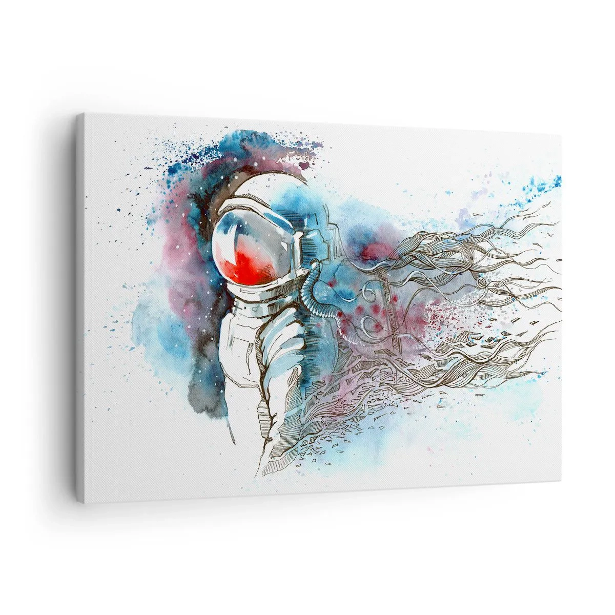 Obraz na plátně - Kosmonaut v dynamickém akvarelu s kosmickými detaily - 70x50cm - Sám s vesmírem - Moderní nástěnná dekorace do obývacího pokoje a ložnice ARTTOR