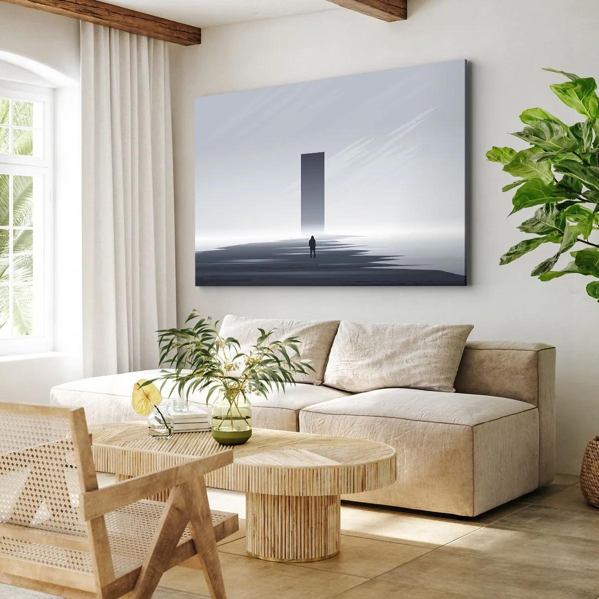 Obraz na plátně - Minimalistická krajina se siluetou vedle obdélníkového monolitu - 70x50cm - Příležitost nebo hrozba? - Moderní nástěnná dekorace do obývacího pokoje a ložnice ARTTOR