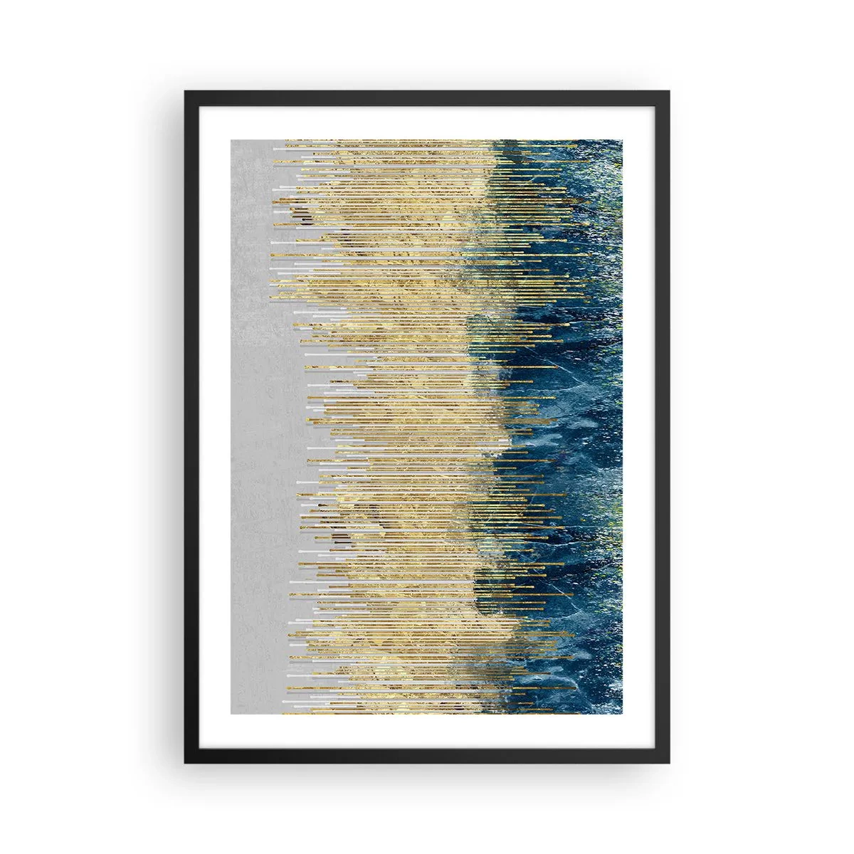 Plakát v černém rámu - Abstraktní kompozice inspirovaná zlatou pláží a oceánem. - 50x70cm - Zlacená hranice - Moderní nástěnná dekorace do obývacího pokoje a ložnice ARTTOR