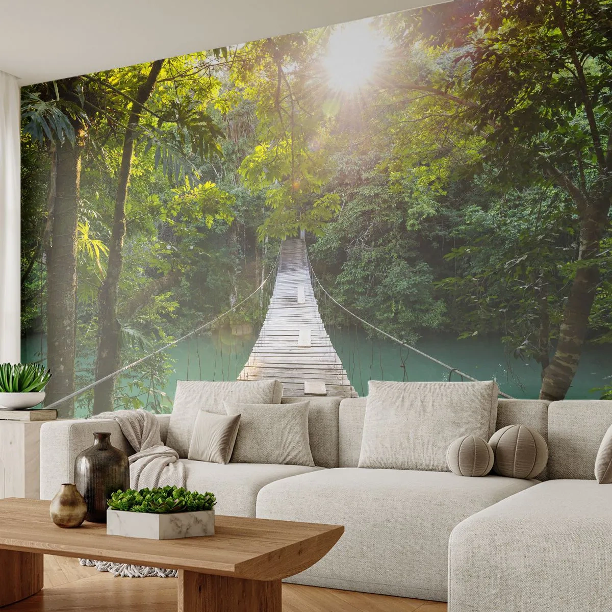 Fototapeta Samolepicí Deluxe Sticker - Nad azurovou vodou do azurového lesa - Krajina, Džungle, Dřevěný most - 250x175 cm