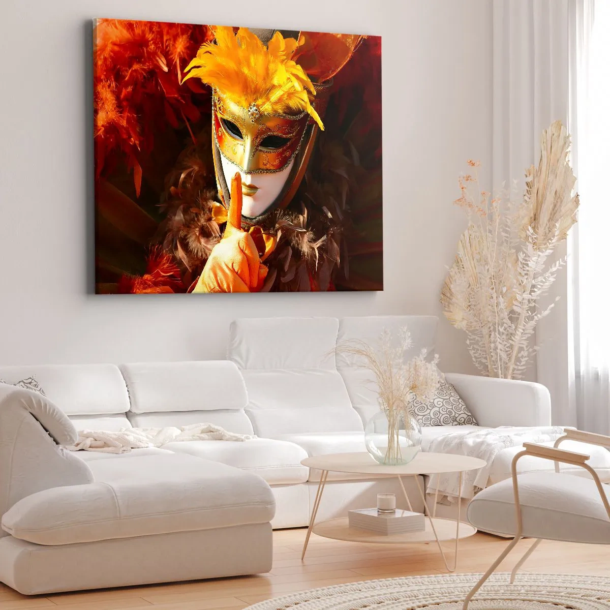 Obraz na plátně - Karnevalová maska v odstínech zlaté a oranžové - 70x50cm - Tajemství je částí hry - Moderní nástěnná dekorace do obývacího pokoje a ložnice ARTTOR