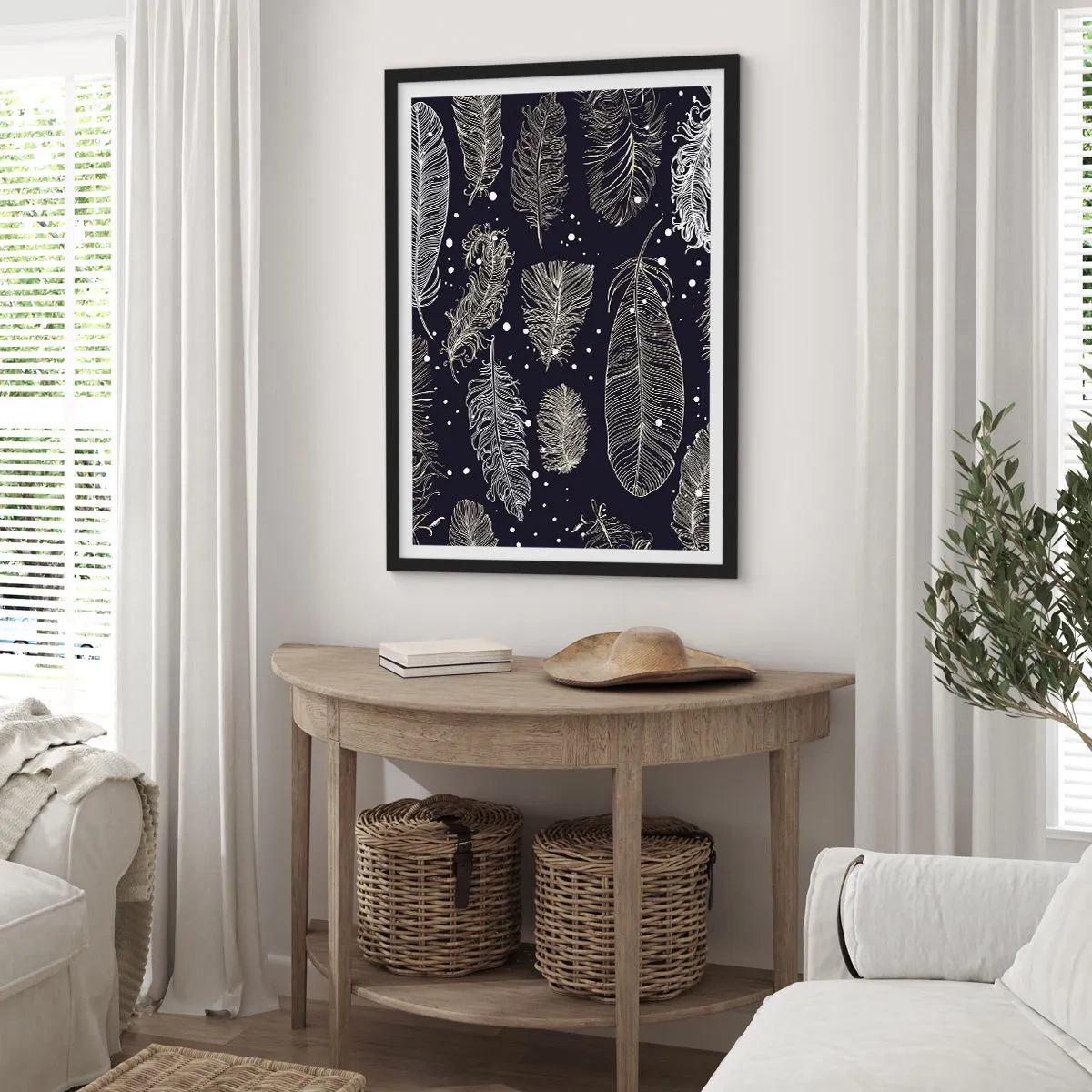 Plakát v černém rámu - Bílé peří na černém pozadí v elegantním aranžmá - 50x70cm - Krajka s peřím - Moderní nástěnná dekorace do obývacího pokoje a ložnice ARTTOR