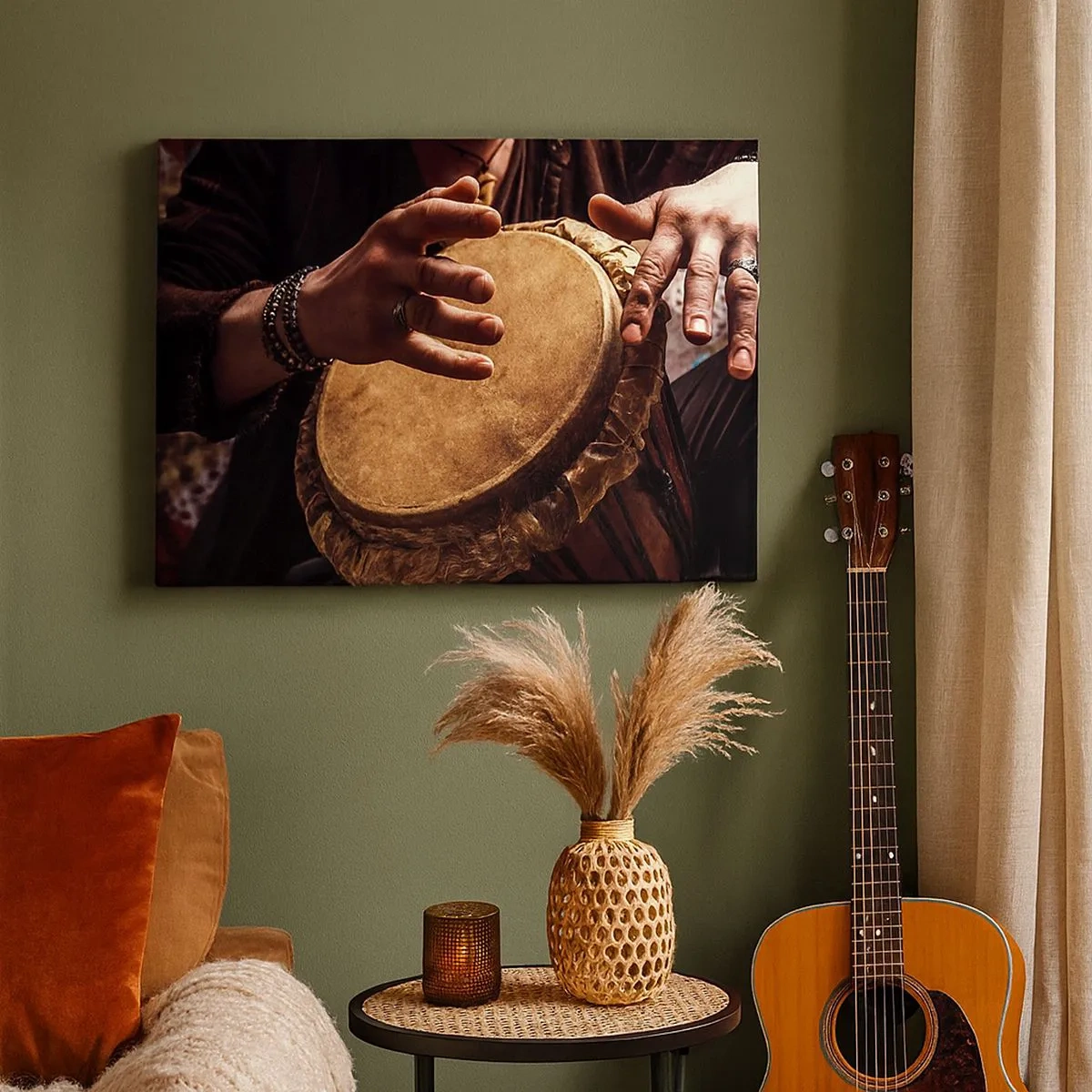 Obraz na plátně - Ruce hrající na tradiční buben djembe - 70x50cm - V rytmu srdce - Moderní nástěnná dekorace do obývacího pokoje a ložnice ARTTOR