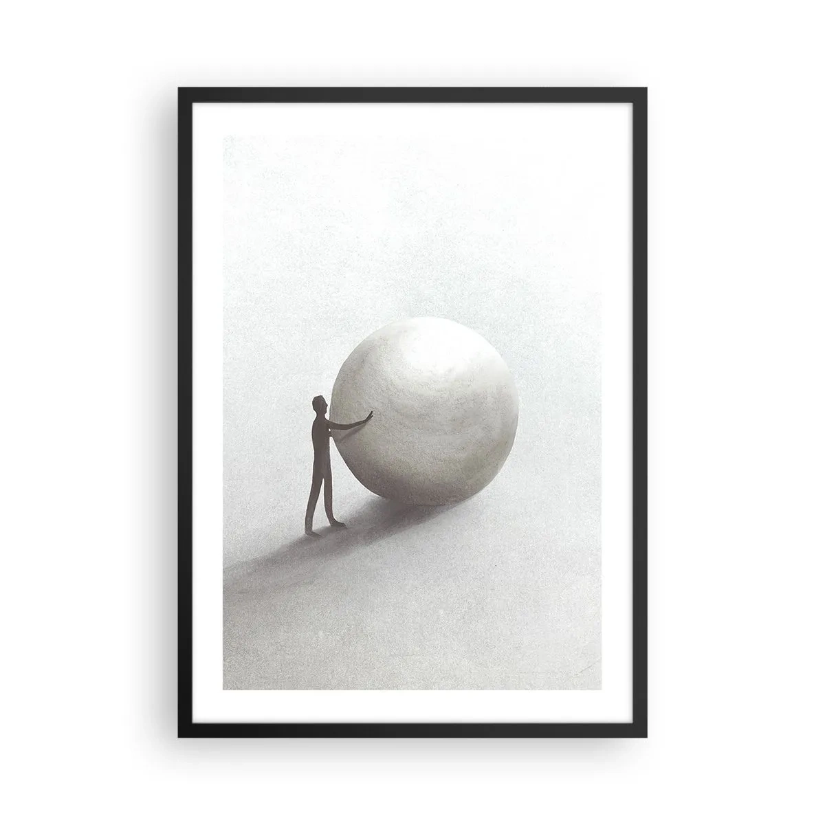 Plakát v černém rámu - Minimalistická postava s velkým míčem na neutrálním pozadí. - 50x70cm - Hra života - Moderní nástěnná dekorace do obývacího pokoje a ložnice ARTTOR