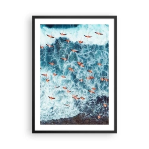 Plakát v černém rámu - Plameňáci nad vlnami oceánu v intenzivních barvách - 50x70cm - Přímořský průvod - Moderní nástěnná dekorace do obývacího pokoje a ložnice ARTTOR