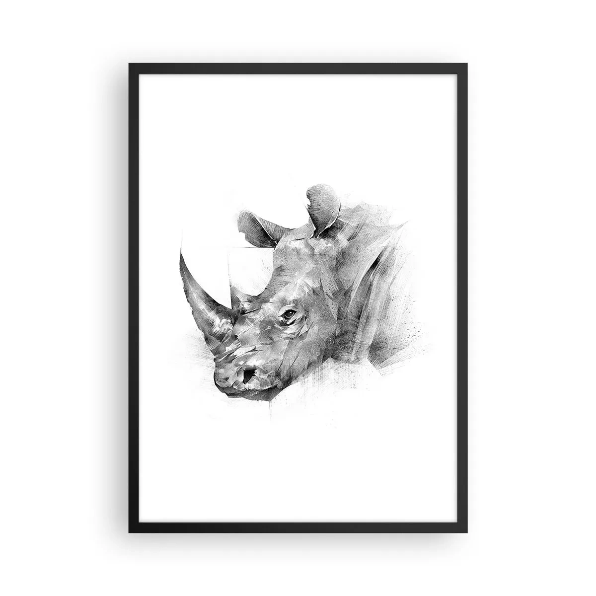 Plakát v černém rámu - Grafická kresba nosorožce v černé a bílé - 50x70cm - Africký portrét - Moderní nástěnná dekorace do obývacího pokoje a ložnice ARTTOR