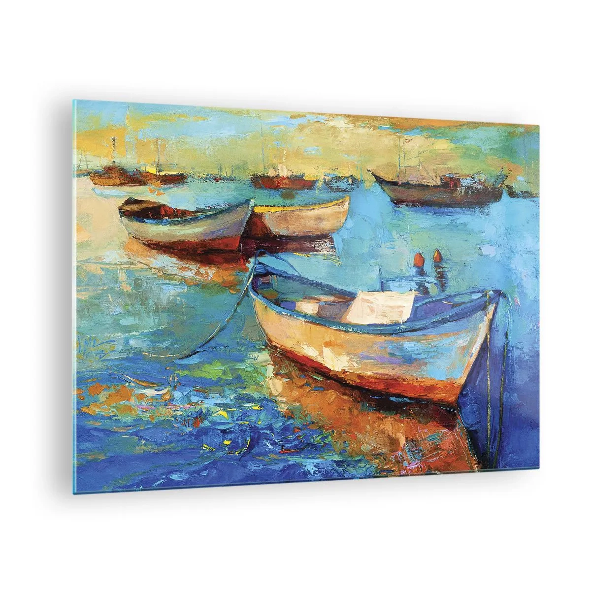 Obraz na skle - Barevné lodě na pozadí klidné vody - 70x50cm - V jižním zálivu - Moderní nástěnná dekorace do obývacího pokoje a ložnice ARTTOR