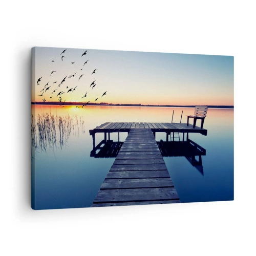 Obraz na plátně - Dřevěné molo na jezeře při východu slunce s ptáky - 70x50cm - To byl dobrý den - Moderní nástěnná dekorace do obývacího pokoje a ložnice ARTTOR