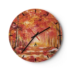 Nástěnné hodiny - Podzimní les v teplých odstínech červené a oranžové - 30x30cm - Měděný les - Moderní nástěnná dekorace do obývacího pokoje, kuchyně a ložnice ARTTOR