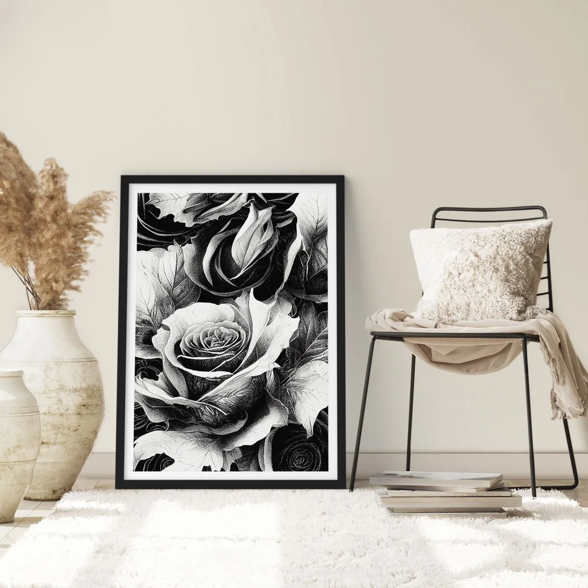 Plakát v černém rámu - Černobílá kompozice růží s výrazným šerosvitem - 50x70cm - Vždy královnou - Moderní nástěnná dekorace do obývacího pokoje a ložnice ARTTOR