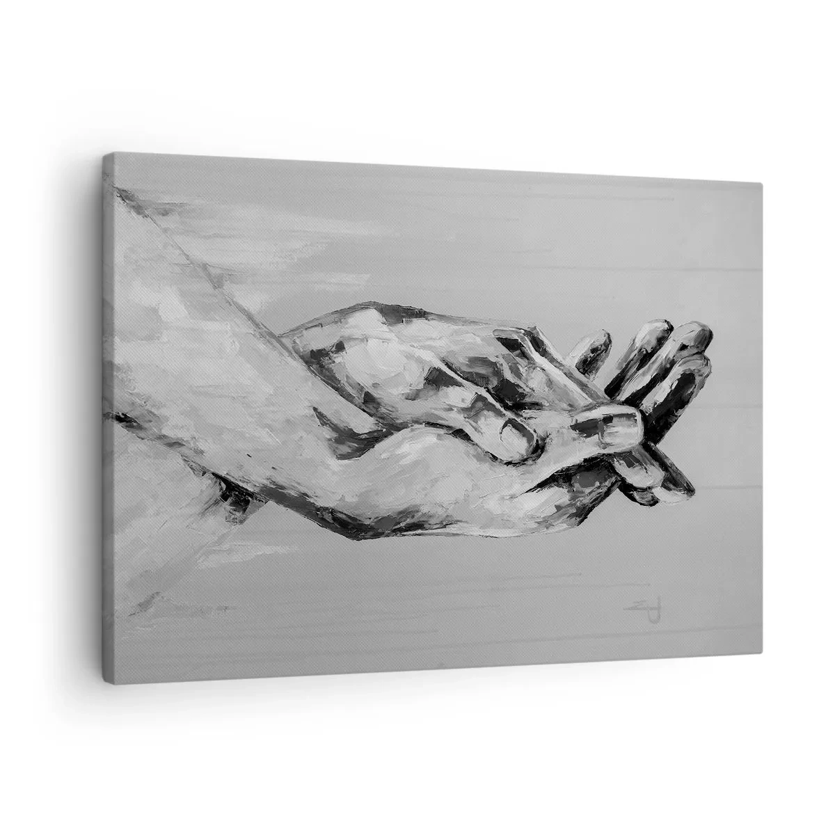 Obraz na plátně - Černobílá kompozice dvou sepjatých rukou na světlém pozadí. - 70x50cm - Začátek… - Moderní nástěnná dekorace do obývacího pokoje a ložnice ARTTOR
