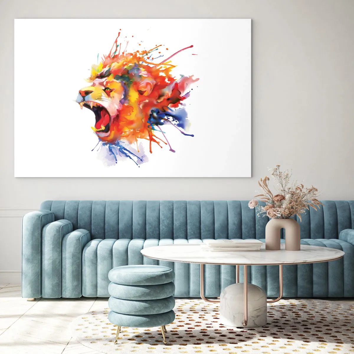 Obraz na skle - Barevný lev ve stylu akvarelu na bílém pozadí - 70x50cm - Vybuchnout hněvem  - Moderní nástěnná dekorace do obývacího pokoje a ložnice ARTTOR