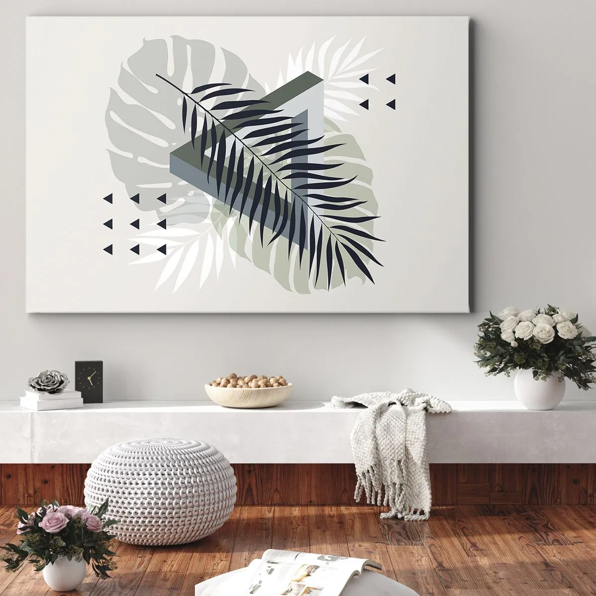 Obraz na plátně - Geometrická kompozice s tropickými listy v odstínech zelené - 70x50cm - Příroda a geometrie – dva řády? - Moderní nástěnná dekorace do obývacího pokoje a ložnice ARTTOR