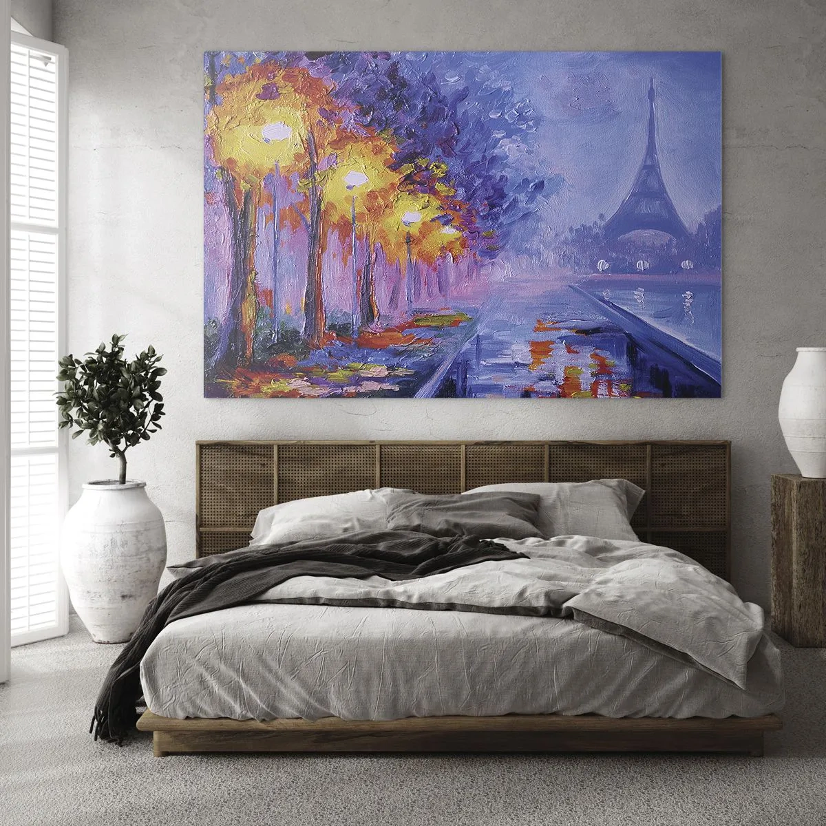 Obraz na skle - Večerní procházka Paříží s Eiffelovou věží - 70x50cm - Procházka snů - Moderní nástěnná dekorace do obývacího pokoje a ložnice ARTTOR