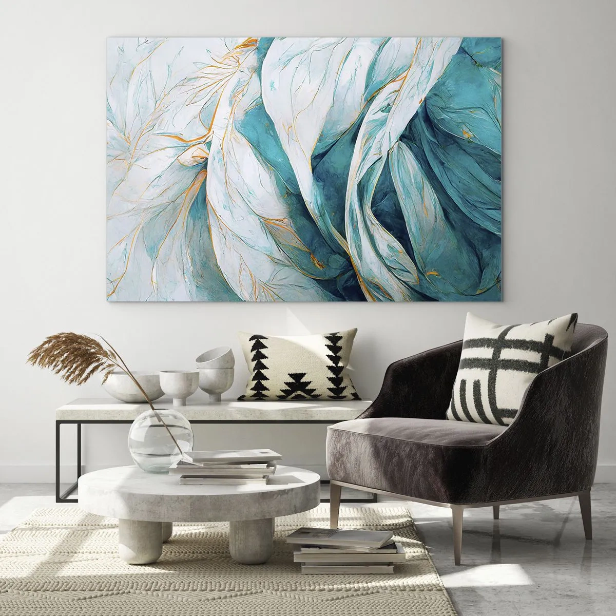 Obraz na skle - Organická abstrakce v modrých a zlatých liniích - 70x50cm - Modrá abstrakce se zlatým motivem - Moderní nástěnná dekorace do obývacího pokoje a ložnice ARTTOR