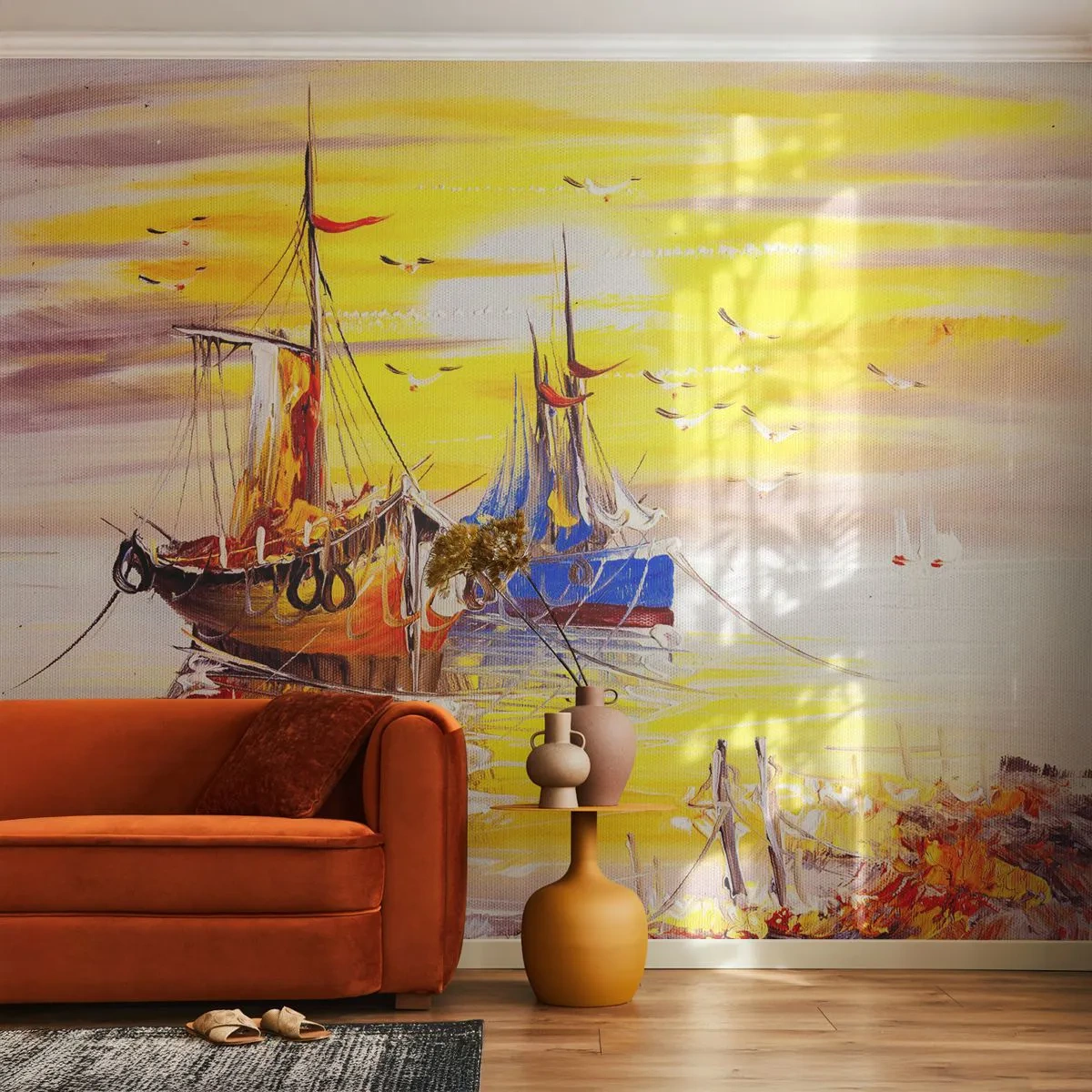 Fototapeta Premium Canvas - Zasloužený odpočinek v přístavu - Rybářská loď, Rybolov, Ptactvo - 250x175 cm