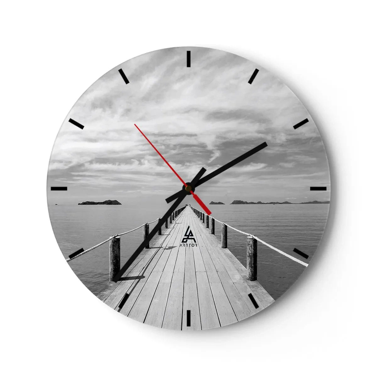Nástěnné hodiny - Molo vedoucí do dálky nad klidnou hladinou moře - 30x30cm - Co takhle cesta… - Moderní nástěnná dekorace do obývacího pokoje, kuchyně a ložnice ARTTOR