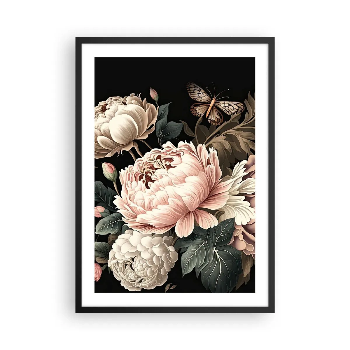 Plakát v černém rámu - Elegantní pivoňky a motýl na černém pozadí - 50x70cm - V barokním stylu - Moderní nástěnná dekorace do obývacího pokoje a ložnice ARTTOR