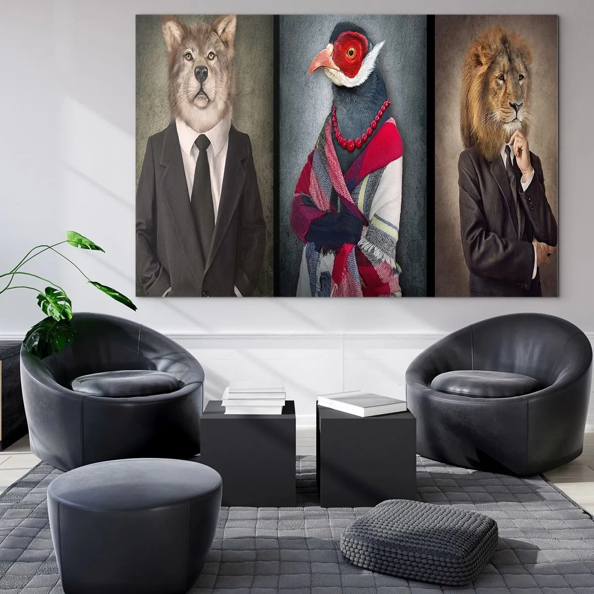 Obraz na skle - Tři zvířata v elegantním oblečení na stylizovaném pozadí - 70x50cm - Co tady dělám?! - Moderní nástěnná dekorace do obývacího pokoje a ložnice ARTTOR