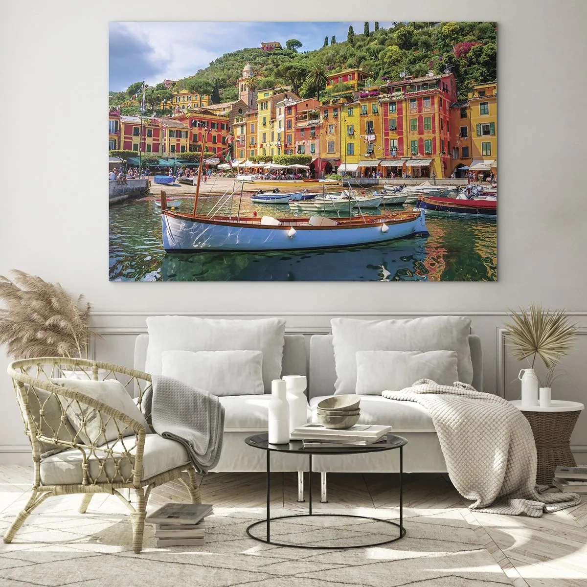 Obraz na skle - Barevné budovy u přístavu v malebném městečku - 70x50cm - Italské dopoledne - Moderní nástěnná dekorace do obývacího pokoje a ložnice ARTTOR