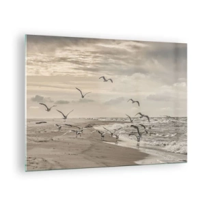 Obraz na skle - Ptáci na pobřeží za úsvitu v sépiových tónech - 70x50cm - Šumění moře, zpěv ptáků - Moderní nástěnná dekorace do obývacího pokoje a ložnice ARTTOR