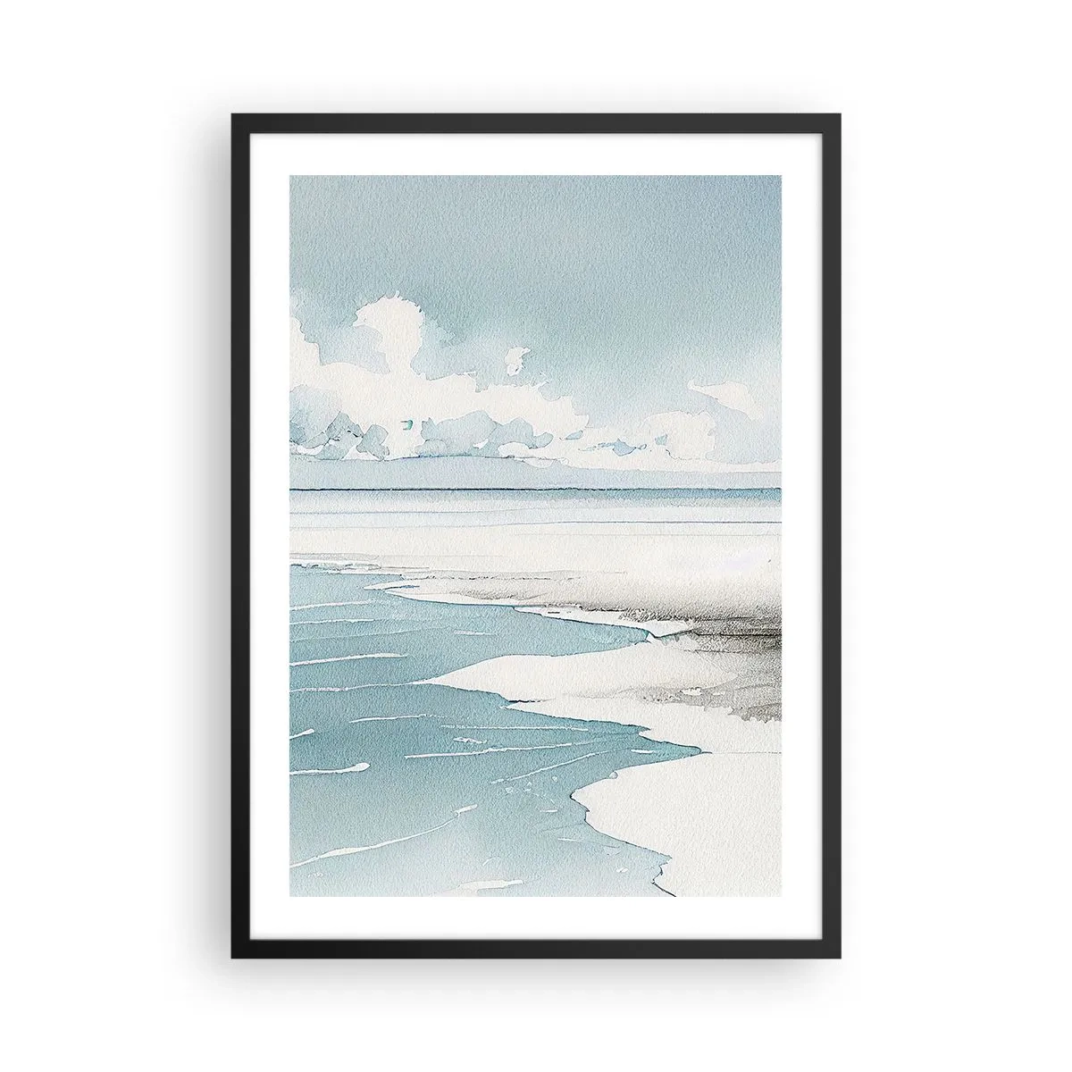 Plakát v černém rámu - Akvarelová přímořská krajina v pastelových odstínech - 50x70cm - Jemný příliv - Moderní nástěnná dekorace do obývacího pokoje a ložnice ARTTOR