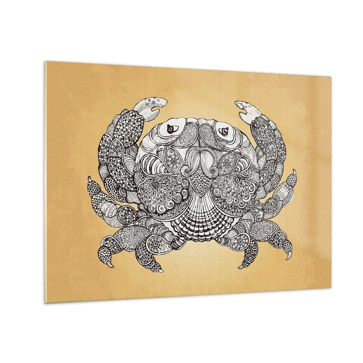Obraz na skle - Stylizovaná kresba kraba s ornamenty na žlutém pozadí - 70x50cm - Příběhy pana Kraba - Moderní nástěnná dekorace do obývacího pokoje a ložnice ARTTOR