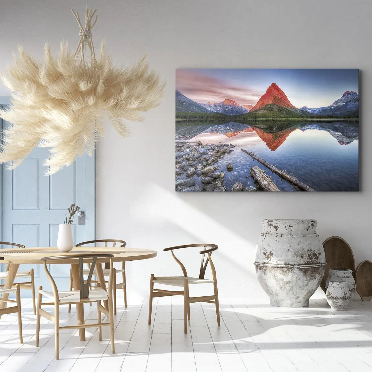 Obraz na plátně - Hora se odráží v jezeře při západu slunce - 70x50cm - Teplo a chlad - Moderní nástěnná dekorace do obývacího pokoje a ložnice ARTTOR