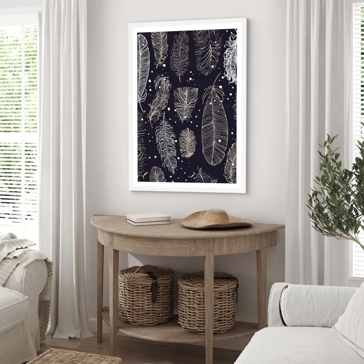 Plakát v bílém rámu - Krajka s peřím - 70x100 cm