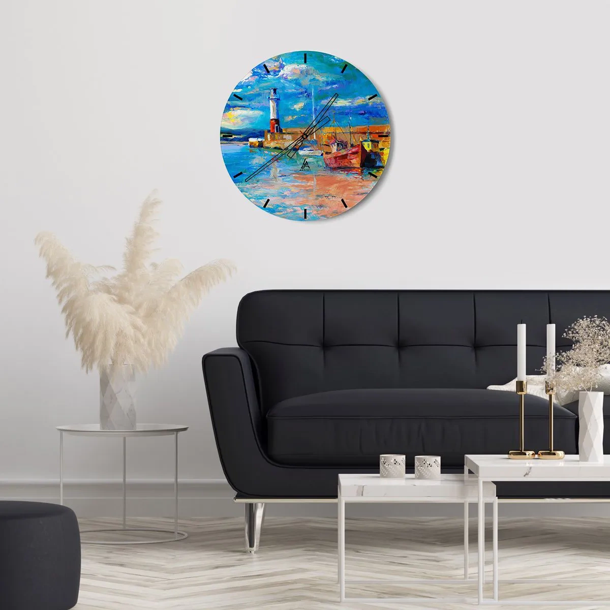 Nástěnné hodiny - Maják a lodě v barevném, malebném prostředí - 30x30cm - Odpoledne v duhové zátoce - Moderní nástěnná dekorace do obývacího pokoje, kuchyně a ložnice ARTTOR