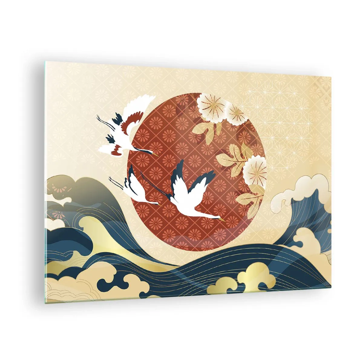 Obraz na skle - Japonští jeřábi nad vlnami proti červenému kruhu - 70x50cm - Japonská pohádka - Moderní nástěnná dekorace do obývacího pokoje a ložnice ARTTOR